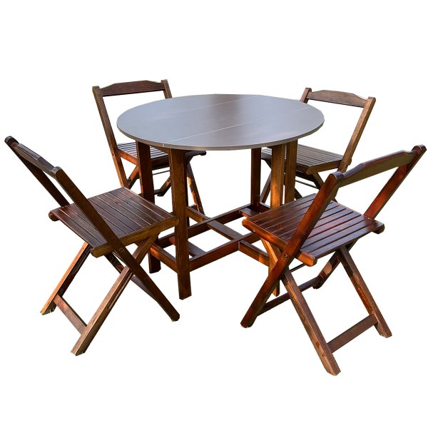 Conjunto Dobrável Prático Mesa Com 4 Cadeiras Redondo Imbuia