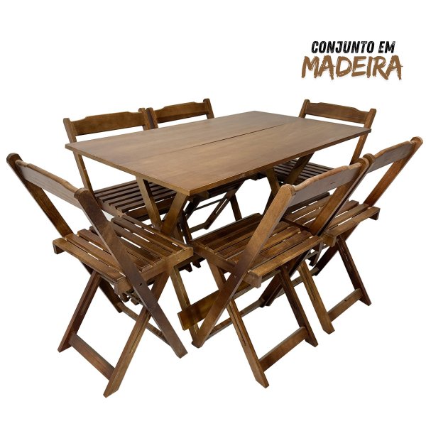 Conjunto Mesa de Madeira 120x70 com 6 Cadeiras Dobráveis Imbuia