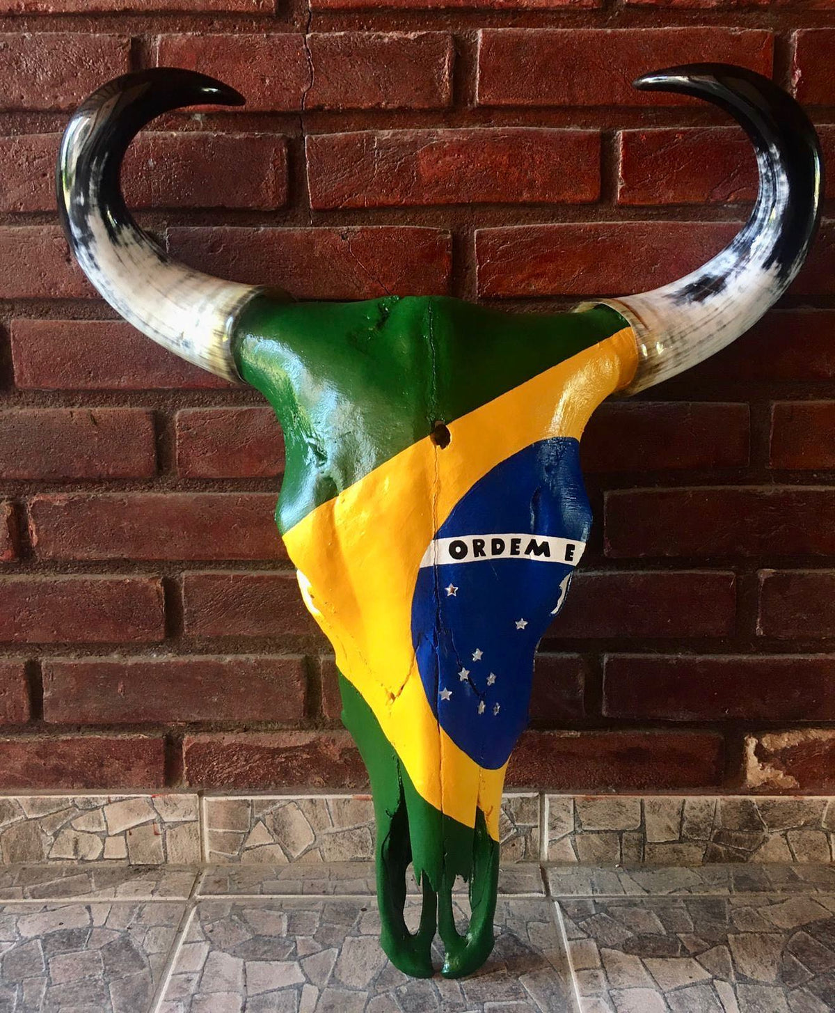 Crânio Bovino com Bandeira do Brasil – Estilo Rústico Autêntico