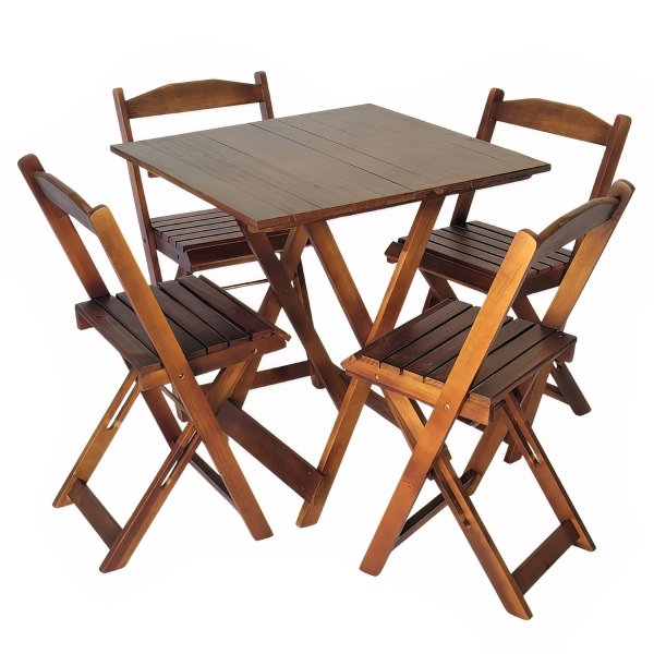 Kit Mesa Dobrável 70x70 Tampo Madeira, + 4 Cadeiras Dobrável Retrátil